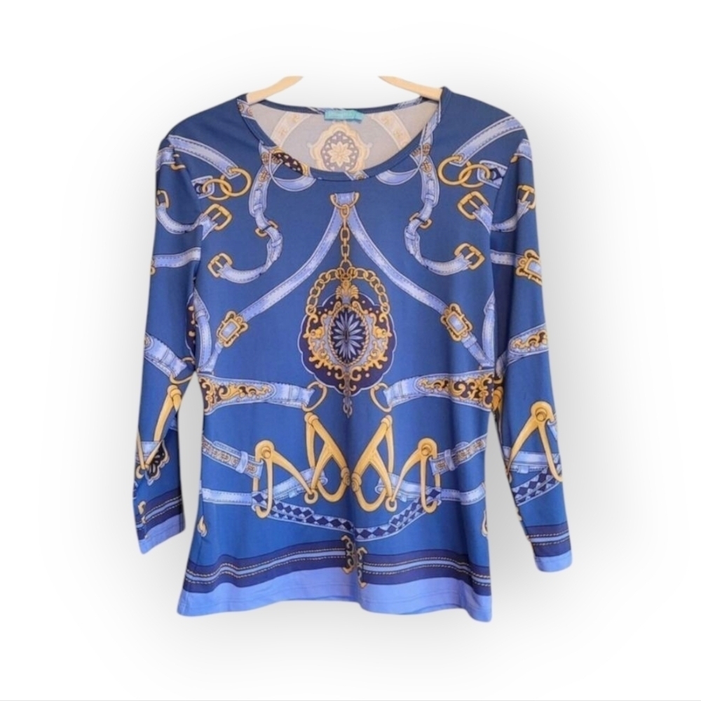J McLaughlin Catalina Blue Gold Chainlink Stretch Top Small 3/4 Sleeve Classic - Picture 11 of 11